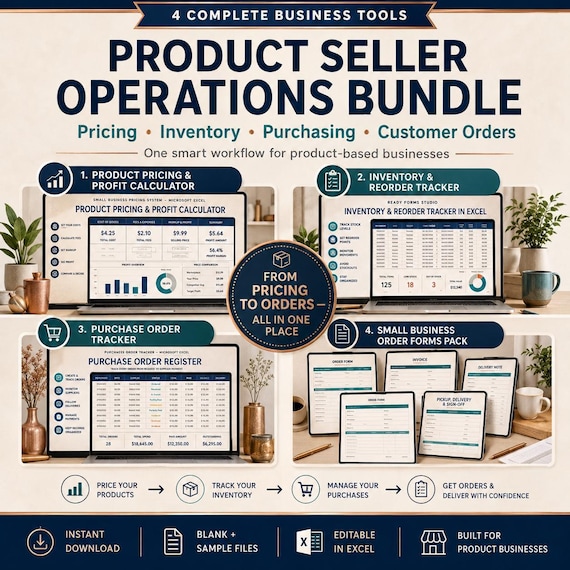 A promotional graphic for a product seller operations bundle showing previews of Excel spreadsheets for pricing, inventory, purchase orders, and forms.