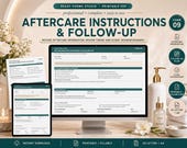 A desktop monitor and tablet show an "Aftercare Instructions & Follow-Up" form, with skincare bottles, a candle, and a jade roller on a counter.