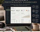 A laptop screen displaying a modern photography dashboard with financial charts, upcoming deadlines, and payment alerts.