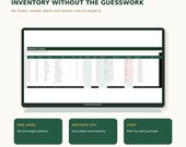 A laptop screen displays an inventory and supplies spreadsheet with columns for item, property, par level, and restock quantity, with descriptive text below.
