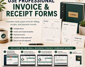 A promotional graphic for the invoice and receipt forms pack displaying printed templates, receipts, and thank you notes.