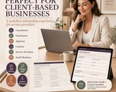 A woman smiles while looking at a tablet displaying a client intake form, with printed forms (onboarding checklist, client intake form) on the desk.