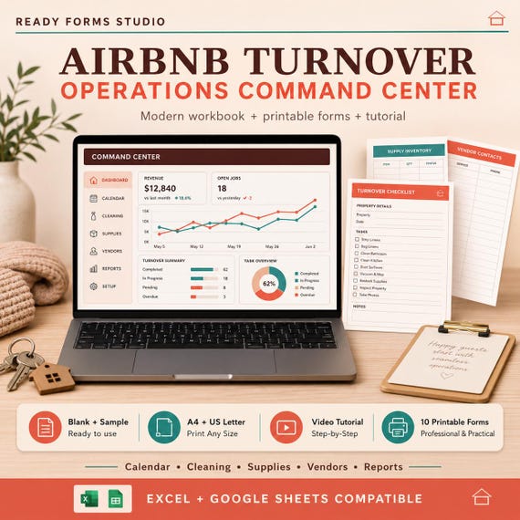 Airbnb Turnover Spreadsheet | Cleaning Schedule, Guest Ready Inspection, Linen Inventory, Maintenance & Cost Dashboard
