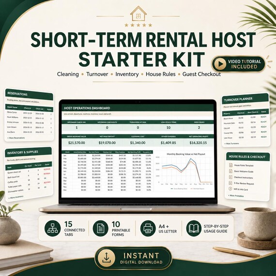 Short Term Rental Host Spreadsheet | Airbnb Turnover Checklist, Cleaning Tracker, Inventory, House Rules