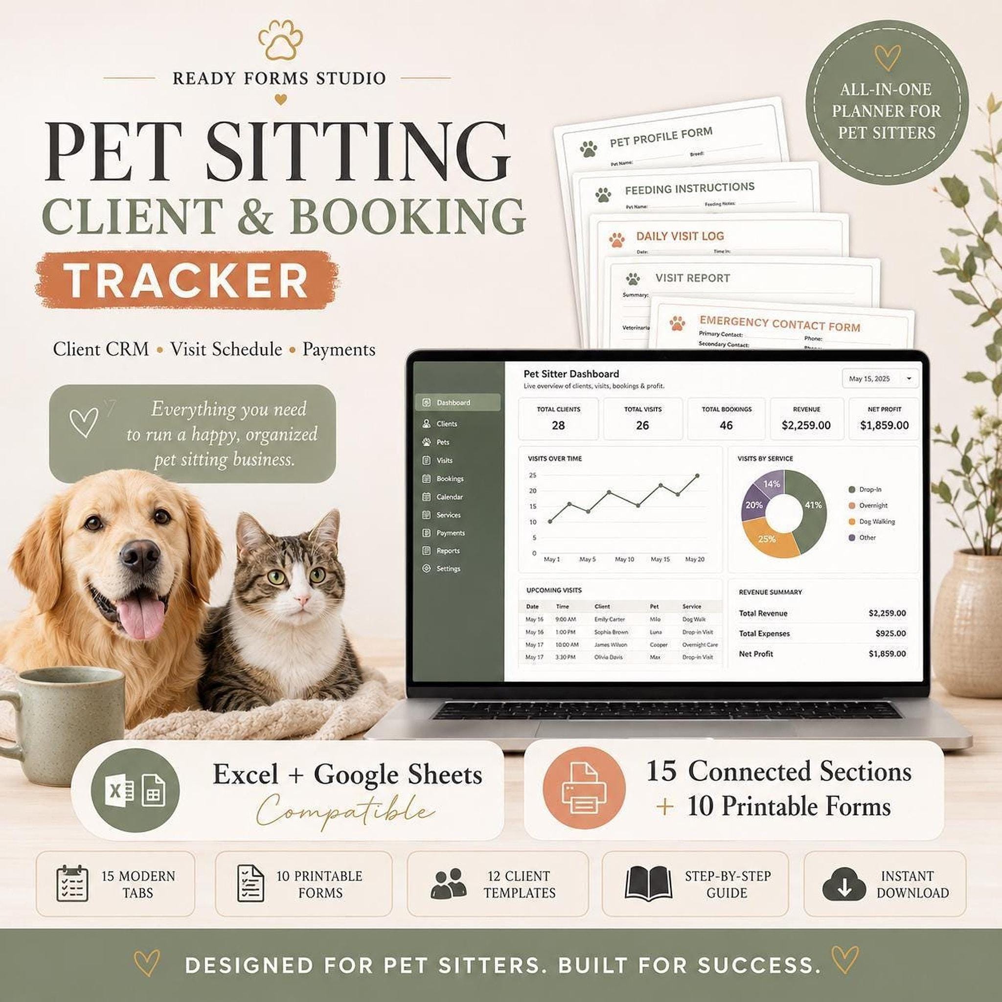A laptop displays a pet sitting dashboard spreadsheet alongside printed forms, a golden retriever, and a cat.