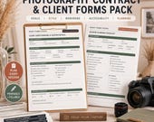A flat lay shows a camera, lenses, film, and a clipboard with a "Client Questionnaire" form, with a laptop displaying a "Session Planning Checklist" form.