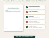 A white document titled "Tenant, Owner & Vendor Communication Templates" is shown next to a list of five numbered steps for communication, including "Request Acknowledgment" and "Completion Message."