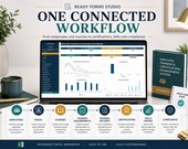 A laptop displays an Excel dashboard, with a workflow diagram below showing steps like "Employees," "Roles," and "Courses" connected by arrows.