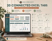A silver laptop displays a green and white "Handmade Business Dashboard" spreadsheet, with a brown graphic on the right listing 10 features of the system.