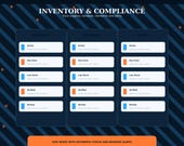 A screen displays "INVENTORY & COMPLIANCE" sections, with columns for "INVENTORY," "RENEWALS," and "ALERTS," each containing "Due Soon," "Low Stock," and "Verified" status boxes.