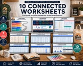 A desktop with a monitor displaying a grid of 10 spreadsheet previews, surrounded by t-shirts, a tote bag, and a mug.
