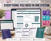A desktop monitor shows an Excel social media management dashboard, with a tablet displaying a client CRM, and various printed guides and forms on a desk with office supplies.