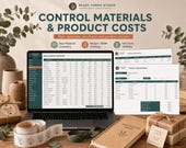 A silver laptop displays three green and white spreadsheets: "Raw Materials Inventory," "Product Recipes (BOM)," and "Unit Cost Visibility."