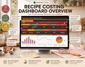 A laptop shows a "Recipe Costing Dashboard" spreadsheet, with text highlighting features like "Monthly Revenue" and "Profit Monitor" on a kitchen counter.