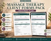 A tablet displays two treatment plan forms for massage therapy, with a rolled towel and amber bottles in the background.