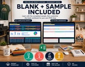 A desktop with two monitors displaying blank and sample spreadsheets, surrounded by t-shirts, a tote bag, and a mug.