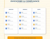 Three digital panels are displayed, labeled "Inventory," "Renewals," and "Alerts," each containing sections for due soon, low stock, verified, and review with status and action details.