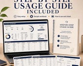 A laptop displays a student dashboard spreadsheet, with a "STEP-BY-STEP USAGE GUIDE" booklet and various printed spreadsheet pages arranged around it.