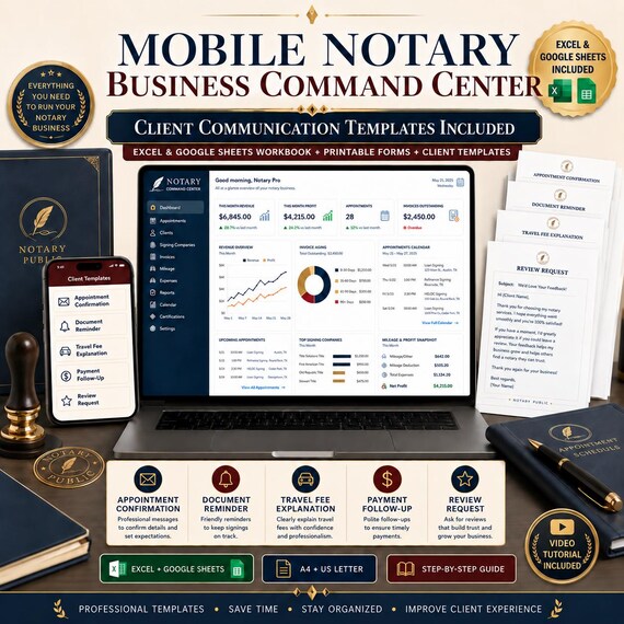 Mobile Notary Business Spreadsheet, Signing Agent Tracker with Appointment Planner & Mileage Log