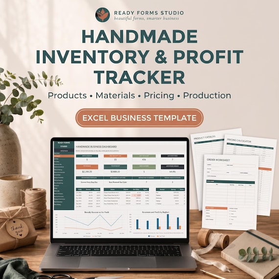 Handmade Inventory & Profit Tracker | Product Inventory, Pricing, Materials and Production Spreadsheet | Excel Business Template