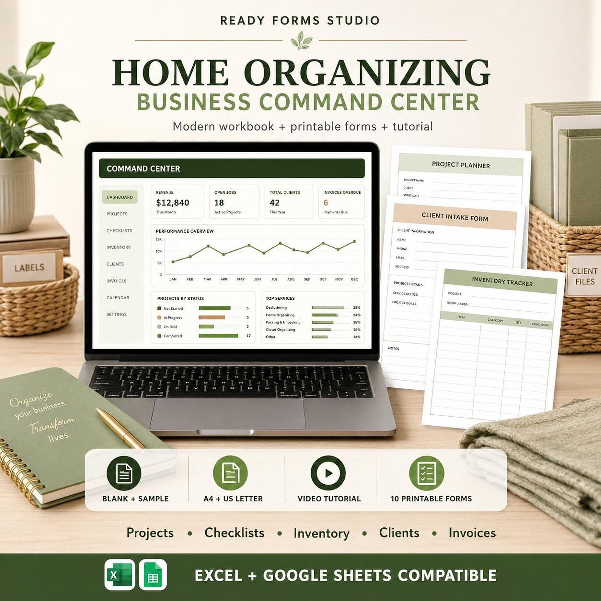 A laptop displaying a "Home Organizing Business Command Center" dashboard, with a pen, a green notebook, and various paper forms and file folders arranged around it.