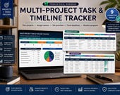 A desktop setup with a laptop, tablet, and smartphone displaying the 'Projects + Tasks' section of a multi-project task and timeline tracker, with a desk lamp and coffee mug.