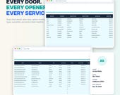 Three screens showing a "Door & Opener Assets" table, a "Client CRM" list of contacts, and a client detail card for Jordan Blake with job details.