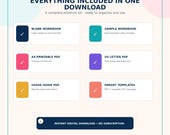 Six colored boxes with icons and text: "Blank Workbook," "Sample Workbook," "A4 Printable PDF," "US Letter PDF," "Usage Guide PDF," and "Parent Templates."
