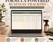 A laptop screen displays a job log and profit tracker spreadsheet with formula callout arrows pointing to total profit and job margin calculations.