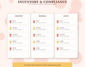 A digital interface titled "Inventory & Compliance" displaying three columns labeled "Inventory," "Renewals," and "Alerts," each with status updates like "Due Soon," "Low Stock," and "Verified."