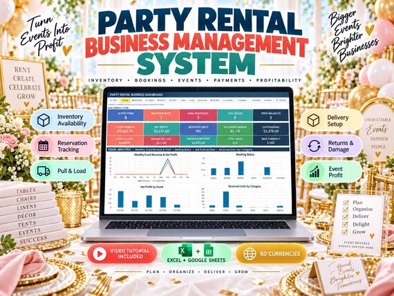 Party Rental Spreadsheet | Inventory, Availability, Reservations, Delivery, Damage & Event Profit | Excel + Google Sheets