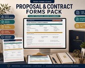 A monitor displays a "Client Proposal Cover & Summary" form, with a tablet showing the same form, and a dark blue binder labeled "Proposal for Lumen & Co."