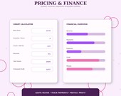 A graphic titled "Pricing & Finance" showing a "Smart Calculator" with input fields for base price, quantity, travel, discount, total quote, and estimated profit, alongside a "Financial Overview" with revenue, expenses, profit, and margin bars.
