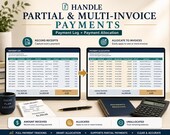 A laptop displays two spreadsheets side-by-side, "Payment Log" and "Payment Allocation," with icons around it indicating features like "Partial & Multi-Invoice Payments."