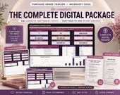 A desktop monitor shows a "Purchase Order Tracker" Excel spreadsheet, with a tablet and phone displaying blank and completed workbook samples, and printouts of a quick start guide and read me license.