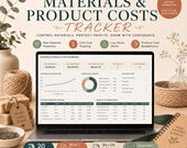 A laptop displaying a material and product cost dashboard sits next to soap bars, a notebook, and twine.