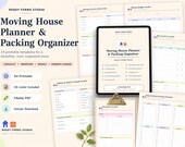 Product overview image showcasing the moving house planner features alongside various printable checklist templates.
