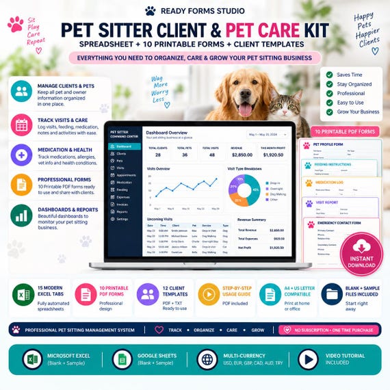 Pet Sitter Business Management Kit, Excel & Google Sheets Tracker with Client, Pet, Booking