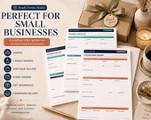 A stack of white business forms with green and orange accents, including "Delivery Checklist" and "Custom Order Request," is shown on a light wood surface with a gift box and candle.