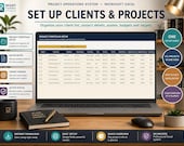 A laptop screen shows an Excel spreadsheet titled "Project Portfolio Setup" with columns for project name, client, status, budget, and target margin.
