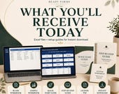 A laptop, tablet, guides, and license agreement display the complete package of Excel files included in the purchase.