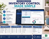 A laptop displays an inventory dashboard, with four smaller Excel tables below it showing "INVENTORY MASTER LIST," "STOCK MOVEMENTS LOG," "REORDER PLANNER," and "REPORTS & CHECKS."