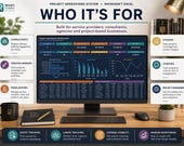 A desktop computer displays an Excel spreadsheet with a dashboard, surrounded by text boxes describing who it's for, such as consultants, creative agencies, and freelancers.