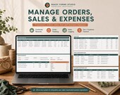 A silver laptop displays three green and white spreadsheets: "Customer Directory," "Order Worksheet," and "Sales Log."