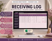 A desktop monitor shows an Excel spreadsheet titled "Receiving Log" with columns for PO number, supplier, and delivery status, on a desk with a plant and office supplies.