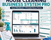 A laptop displays a spreadsheet with sections for quotes, client and job management, and profit dashboard, surrounded by a spray bottle, a pen, and a checklist.
