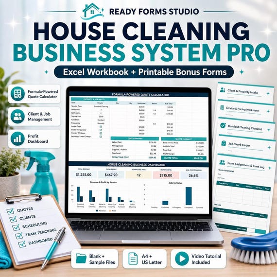 House Cleaning Business Spreadsheet: Quote Calculator, Client CRM, Job Schedule & Profit Dashboard