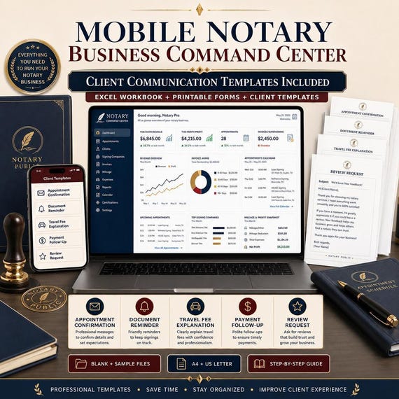 Mobile Notary Business Spreadsheet, Signing Agent Tracker with Appointment Planner & Mileage Log