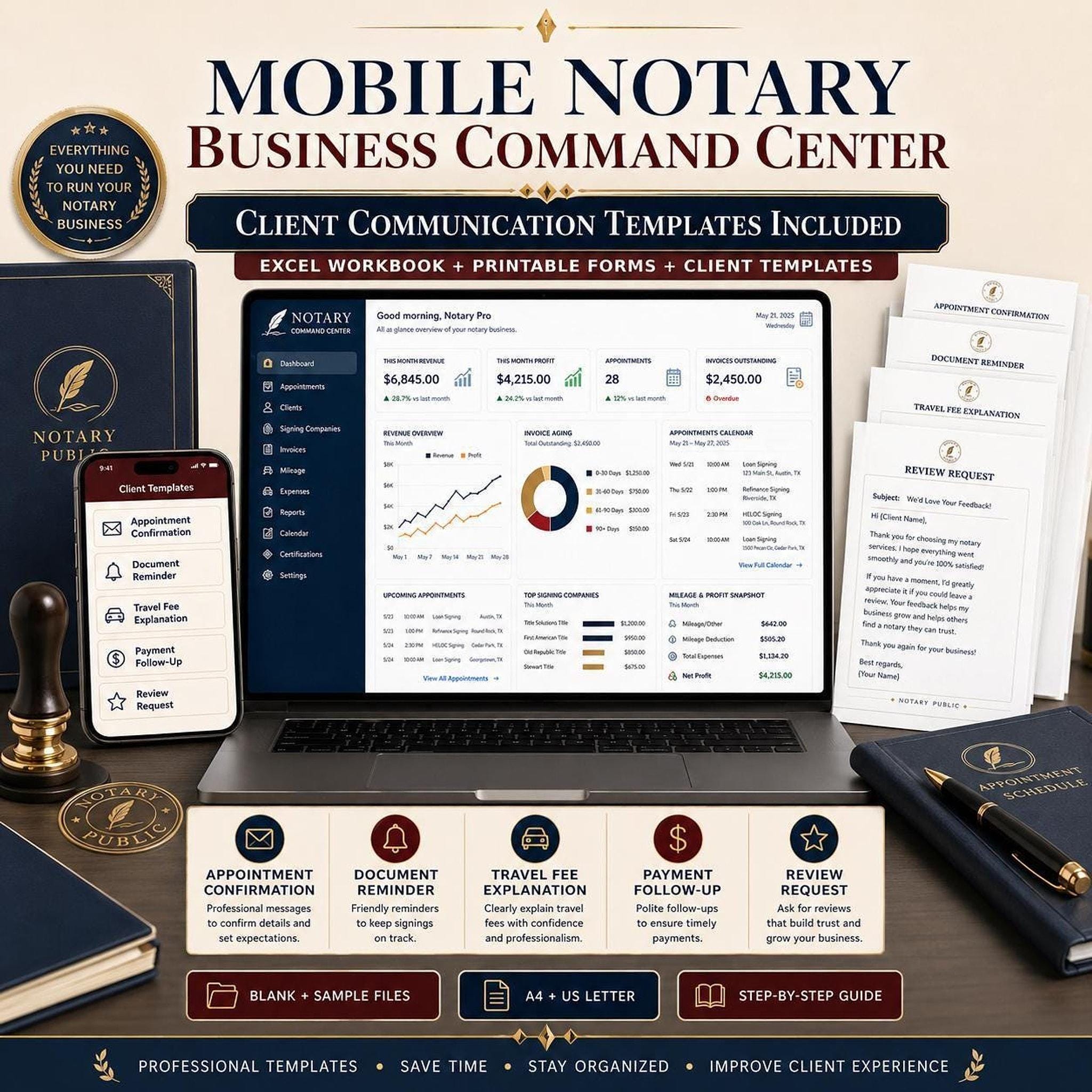 A laptop displays a spreadsheet with charts and data, flanked by a phone showing a mobile app, a notary stamp, and a leather-bound planner, all on a white surface.