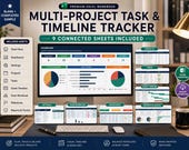 A desktop setup with a laptop, tablet, and smartphone displaying various sheets of a multi-project task and timeline tracker, with a desk lamp and coffee mug.